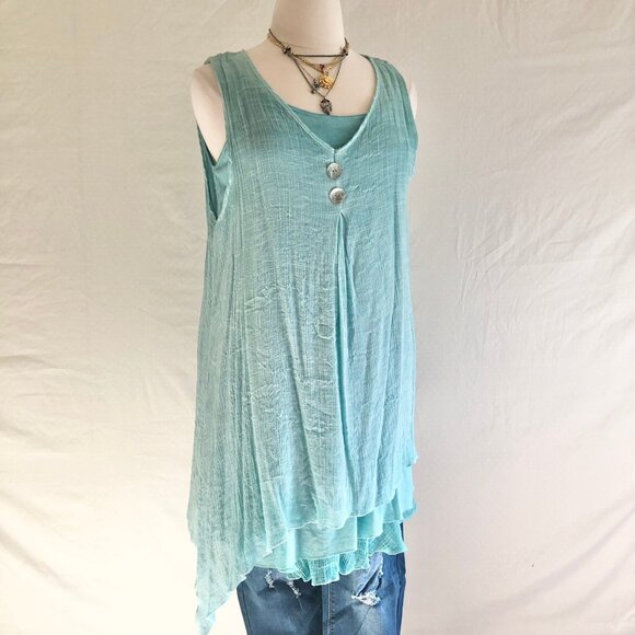 Casual Express Asymmetrical Tank Dress Aqua Gauzy Tunic Dress Plus Size XXL - Picture 1 of 13